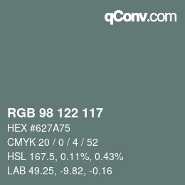 颜色代码: RGB 98 122 117 | qconv.com