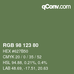 Color code: RGB 98 123 80 | qconv.com