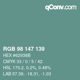 颜色代码: RGB 98 147 139 | qconv.com