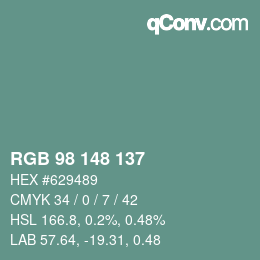 颜色代码: RGB 98 148 137 | qconv.com