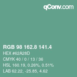 カラーコード: RGB 98 162.8 141.4 | qconv.com