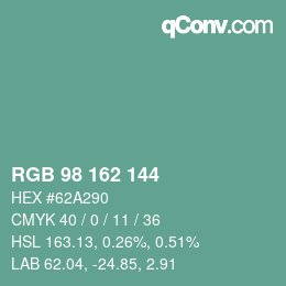 颜色代码: RGB 98 162 144 | qconv.com