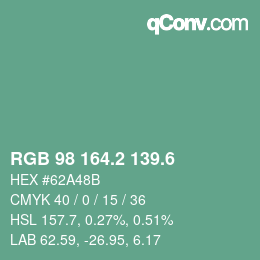 カラーコード: RGB 98 164.2 139.6 | qconv.com