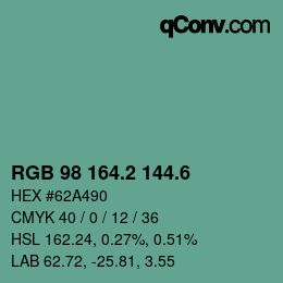カラーコード: RGB 98 164.2 144.6 | qconv.com