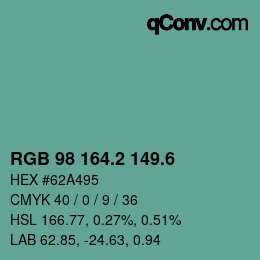 カラーコード: RGB 98 164.2 149.6 | qconv.com