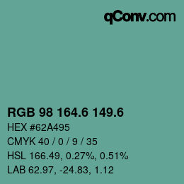 カラーコード: RGB 98 164.6 149.6 | qconv.com