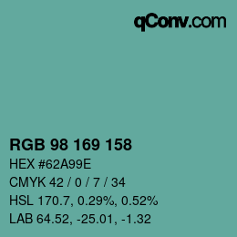 カラーコード: RGB 98 169 158 | qconv.com