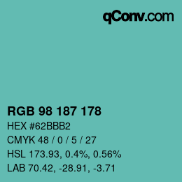 カラーコード: RGB 98 187 178 | qconv.com