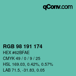 Color code: RGB 98 191 174 | qconv.com