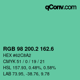カラーコード: RGB 98 200.2 162.6 | qconv.com