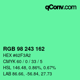 カラーコード: RGB 98 243 162 | qconv.com