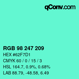 カラーコード: RGB 98 247 209 | qconv.com