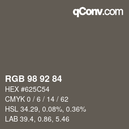 颜色代码: RGB 98 92 84 | qconv.com