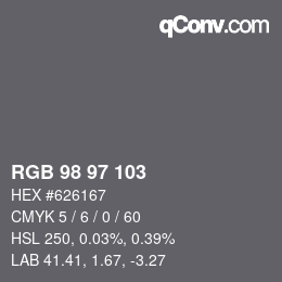 Color code: RGB 98 97 103 | qconv.com