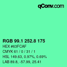 カラーコード: RGB 99.1 252.8 175 | qconv.com