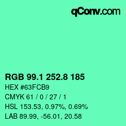 カラーコード: RGB 99.1 252.8 185 | qconv.com