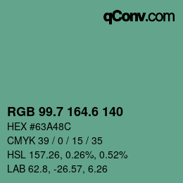 カラーコード: RGB 99.7 164.6 140 | qconv.com