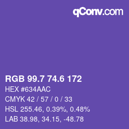 カラーコード: RGB 99.7 74.6 172 | qconv.com