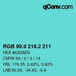 カラーコード: RGB 99.9 218.2 211 | qconv.com