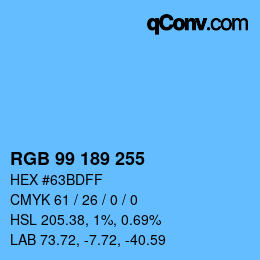 Color code: RGB 99 189 255 | qconv.com