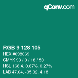 カラーコード: RGB 9 128 105 | qconv.com