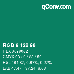 カラーコード: RGB 9 128 98 | qconv.com