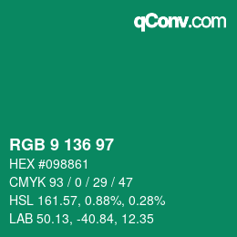 Color code: RGB 9 136 97 | qconv.com