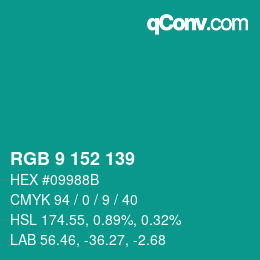 Color code: RGB 9 152 139 | qconv.com
