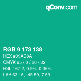 Color code: RGB 9 173 138 | qconv.com