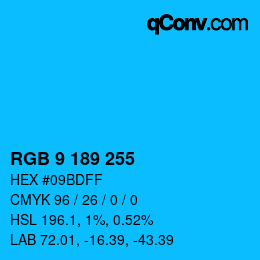 Color code: RGB 9 189 255 | qconv.com
