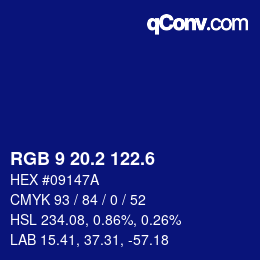 カラーコード: RGB 9 20.2 122.6 | qconv.com