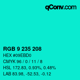 Color code: RGB 9 235 208 | qconv.com
