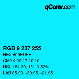Color code: RGB 9 237 255 | qconv.com