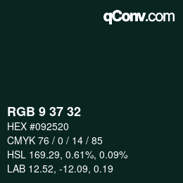 Farbcode: RGB 9 37 32 | qconv.com