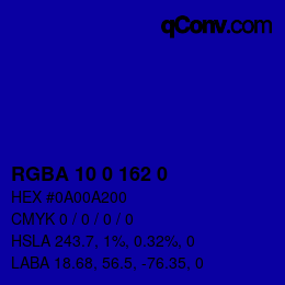 Color code: RGBA 10 0 162 0 | qconv.com