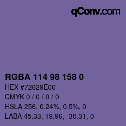Color code: RGBA 114 98 158 0 | qconv.com