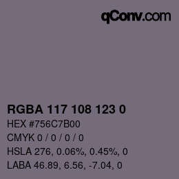Color code: RGBA 117 108 123 0 | qconv.com