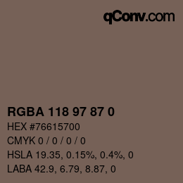Color code: RGBA 118 97 87 0 | qconv.com