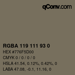 Color code: RGBA 119 111 93 0 | qconv.com