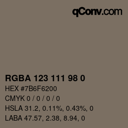 Color code: RGBA 123 111 98 0 | qconv.com