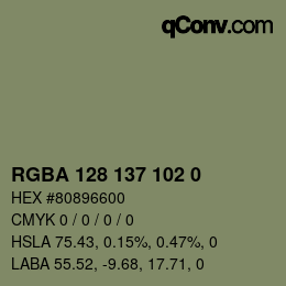 Color code: RGBA 128 137 102 0 | qconv.com