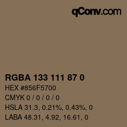 Color code: RGBA 133 111 87 0 | qconv.com