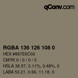 Color code: RGBA 136 126 108 0 | qconv.com
