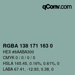 Farbcode: RGBA 138 171 163 0 | qconv.com