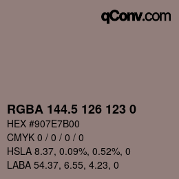 Color code: RGBA 144.5 126 123 0 | qconv.com