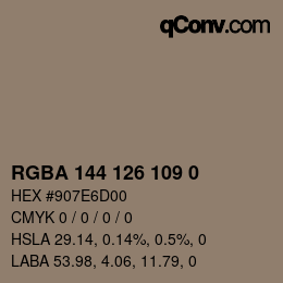 Color code: RGBA 144 126 109 0 | qconv.com