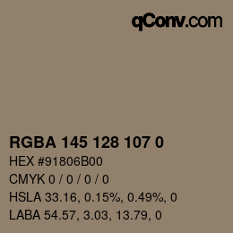 Color code: RGBA 145 128 107 0 | qconv.com