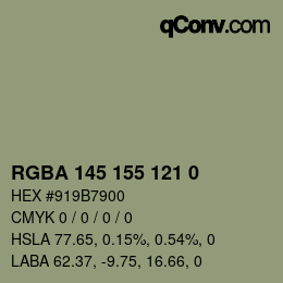 Color code: RGBA 145 155 121 0 | qconv.com