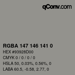 Color code: RGBA 147 146 141 0 | qconv.com