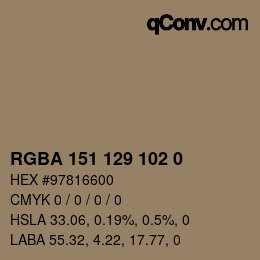 Color code: RGBA 151 129 102 0 | qconv.com